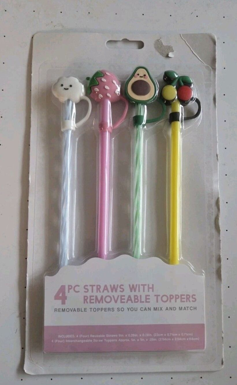4-Count Reusable Straws Removable Toppers  CLOUD AVOCADO STRAWBERRY CHERRY NEW‎
